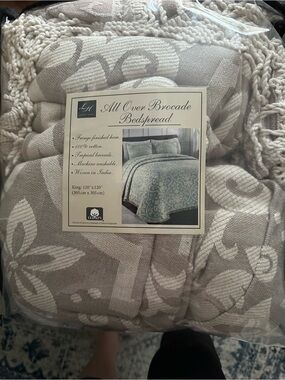 All Over Brocade Bedspread - Cream Floral Cotton Coverlet
